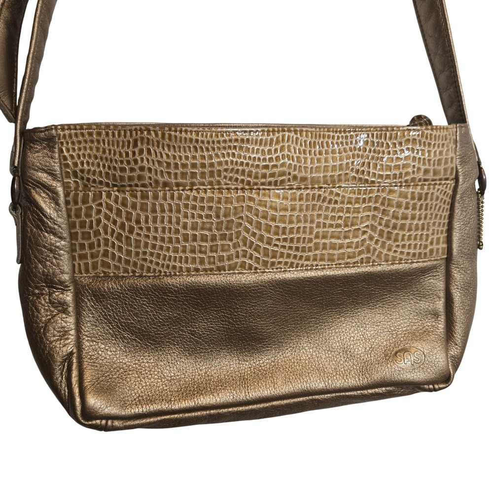 SAS Shoulder Bag Metallic Bronze Croc Embossed Genuine Leather Strap Glam‎ Rock